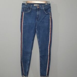 Zara Jeans Womens Size 6 Blue White Glittery Red Side Stripes Raw Cut July 4th